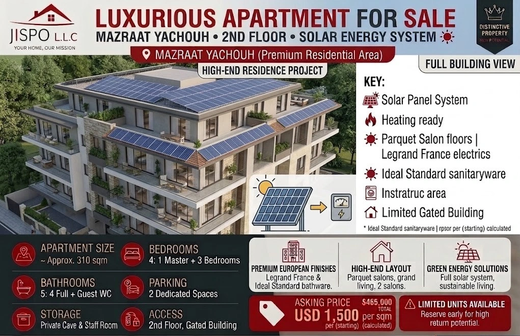 Apartment for sale in mazraat yachouh – matn