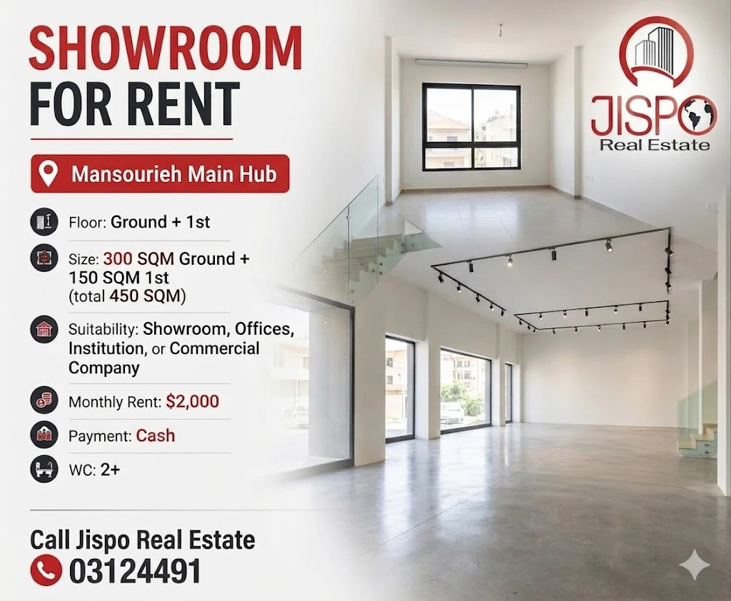 Dual-level commercial showroom & office for rent in mansourieh – metn|